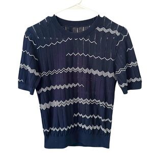 Percotton Navy Short Sleeve Crewneck Cotton Knit with White Stripes Size XS